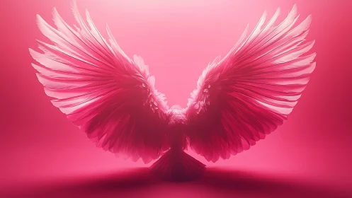 Pink angel wings spread in soft glowing studio light.