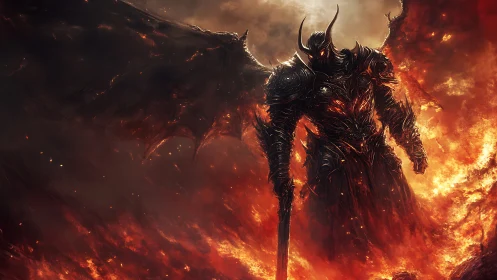 Infernal warlord in molten armor, high-drama fantasy rendering.