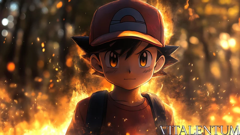 Anime boy in red cap stands in front of intense forest fire