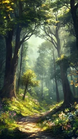 A Sunlit Forest Path Invites You Into Nature's Peaceful Embrace
