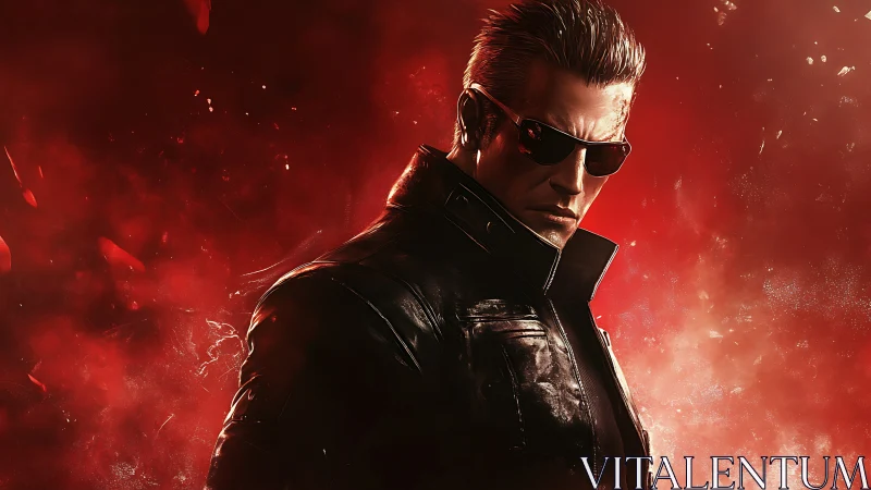 Stoic man in leather jacket against intense red backdrop.