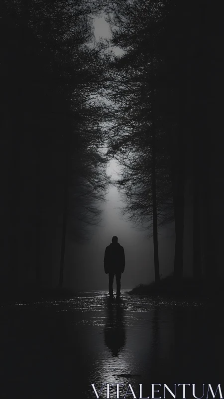 Silhouetted figure stands in misty forest corridor at night