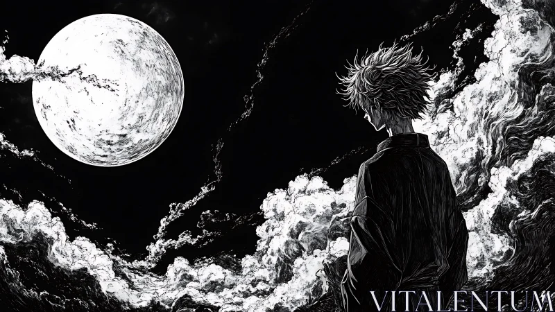 Silhouetted figure studies large full moon above swirling clouds