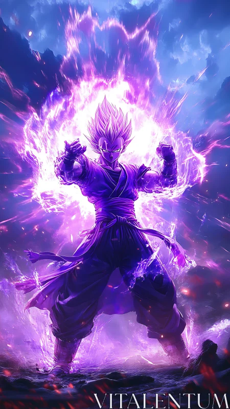 Purple energy warrior explodes with power in stormy skies