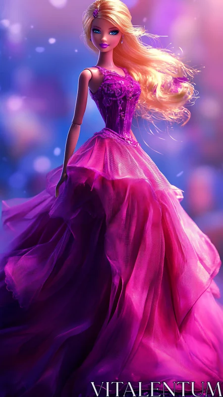 Plastic fashion doll stands in layered magenta evening gown