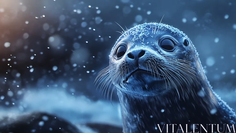 Seal pup stares through arctic snowfall in icy blue light.