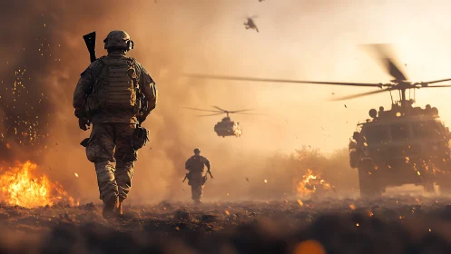 Battlefield soldiers advance through smoke, fire, and dust.