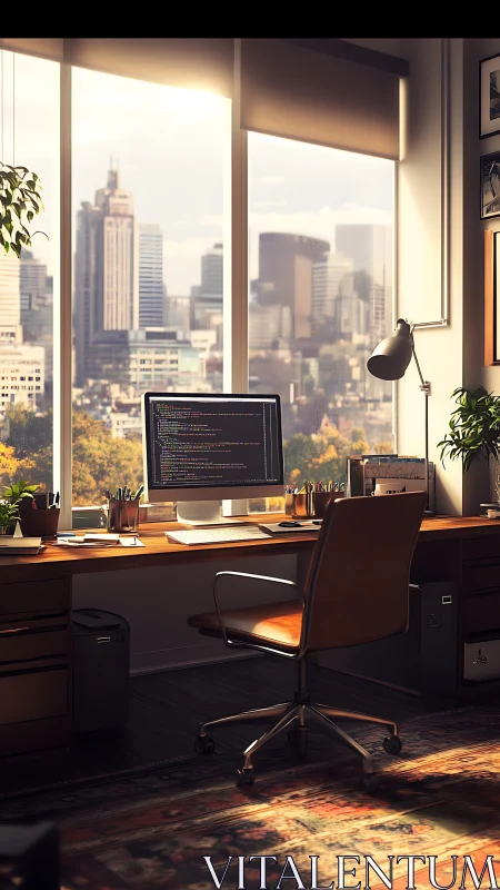 Computer workstation in city-view office during daylight hours