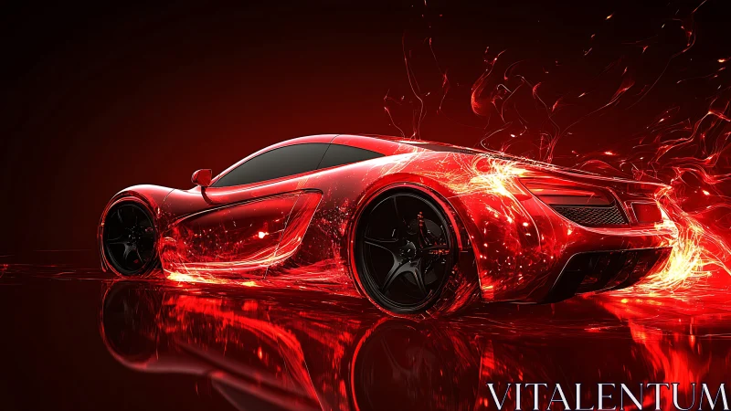Plasma-ignited red supercar in dynamic digital motion field.