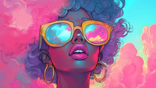 Neon vaporwave portrait with reflective sunglasses and clouds.