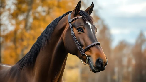 Chestnut sport horse headshot in bridle, shallow depth of field