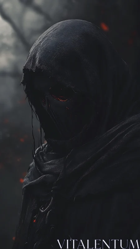 Hooded wraith in volcanic embers rendered as dark digital portrait