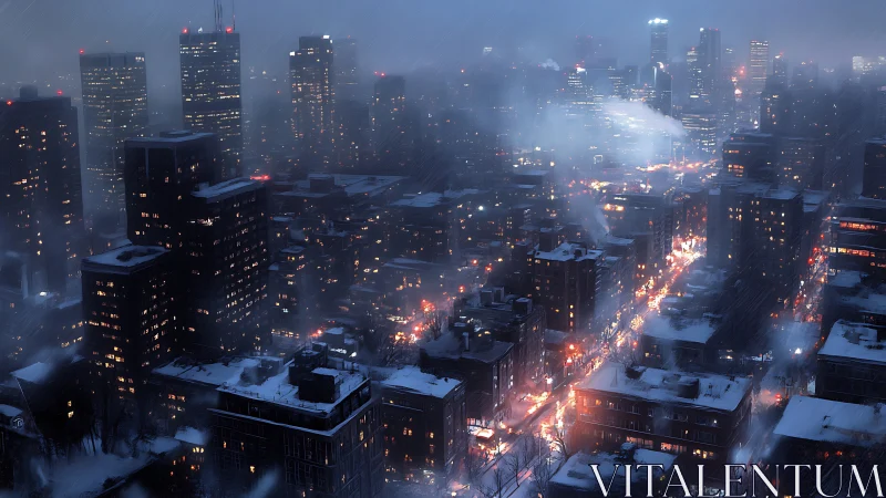 Winter urban skyline under snowfall with glowing streetlights.