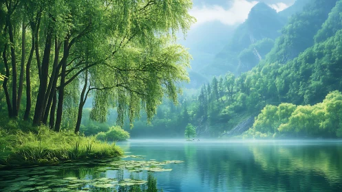 Lush riparian forest reflects in still alpine lake under soft haze