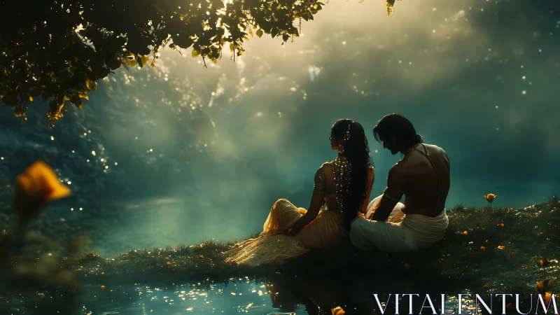 Two figures positioned in water beneath overhanging foliage