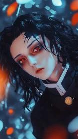 Red eyed anime warrior gazes through glowing bokeh night