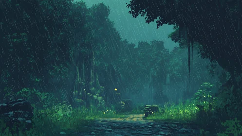 Rain-Soaked Forest Pathway: Atmospheric Digital Rendering.