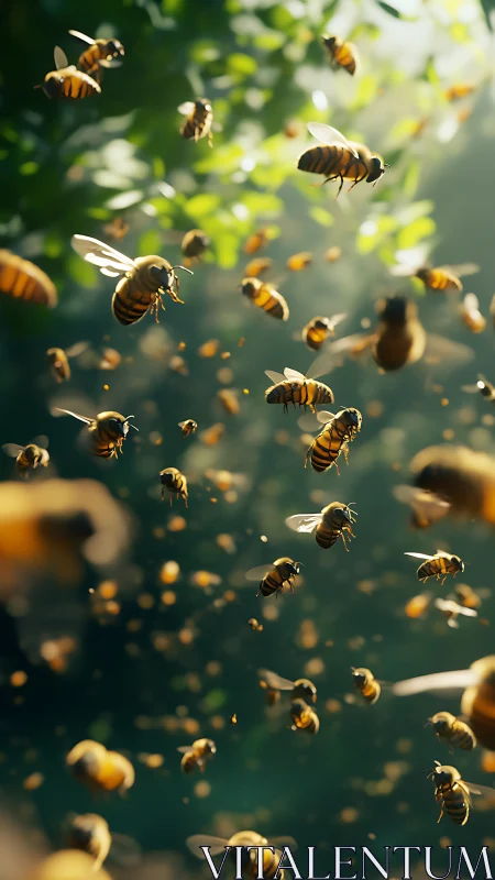 Swarm of honeybees glides through sunlit forest air.