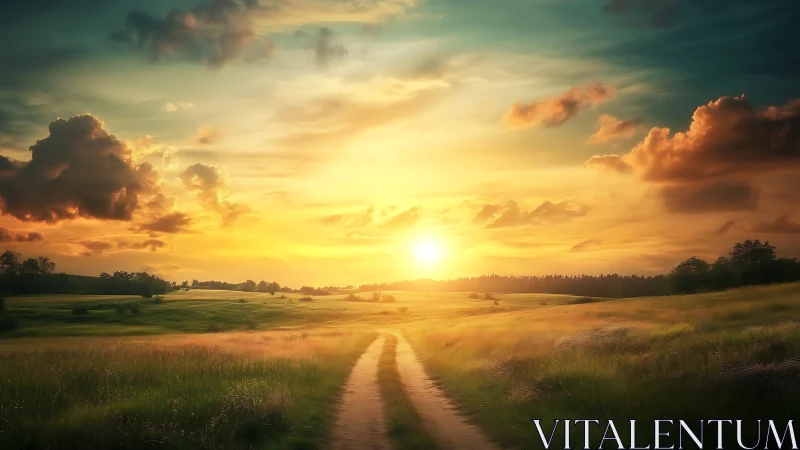 Sunlit country trail wandering into a golden horizon dreamscape.