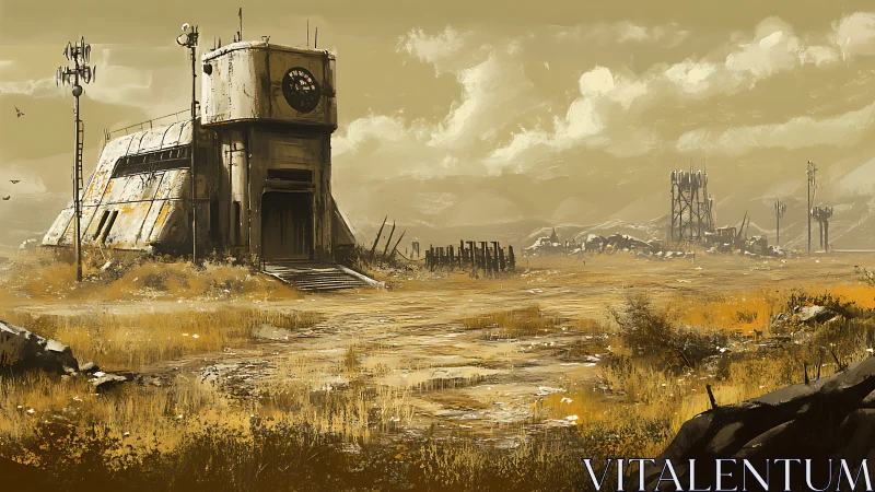 Rusty outpost waiting quietly in a golden wasteland.
