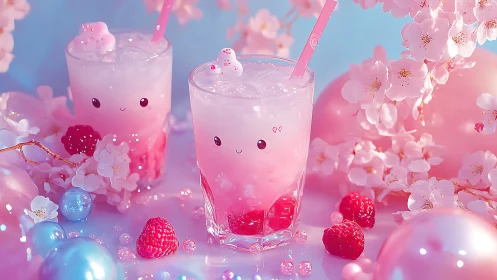 Kawaii pink raspberry drinks with cherry blossom decor.