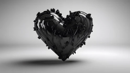 Abstract black heart sculpture with glossy, textured surface.