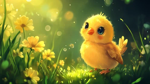 Radiant Chick Among Wildflowers: A Sunlit Spring Dream.