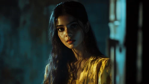 Quiet portrait of woman in golden light and deep shadows.