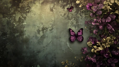 Butterflies are positioned against textured wall with florals