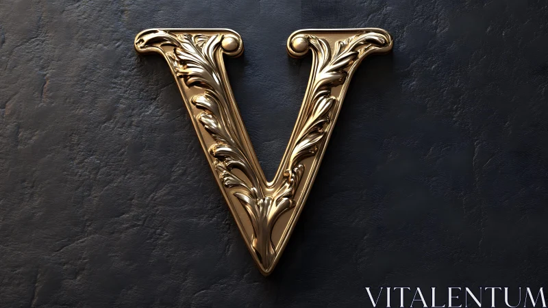 Ornate golden letter V with baroque detailing on dark textured background.