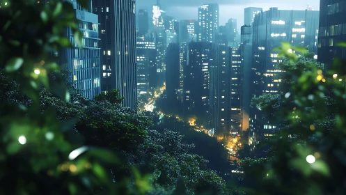 Emerald terraces gaze over neon towers in rainwashed dusk.