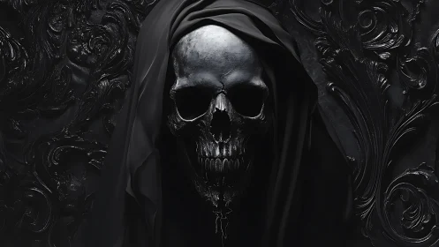 Hooded metallic skull emerges from ornate black shadows.