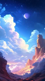 Vibrant alien canyon under glowing planet and clouds.