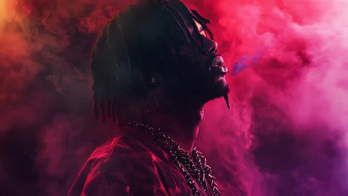 Side-profile neon portrait in colored atmospheric smoke haze