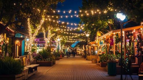 Pedestrian shopping street with evening decorative lighting.