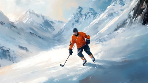 Ice hockey player glides through wide snowy mountain pass.