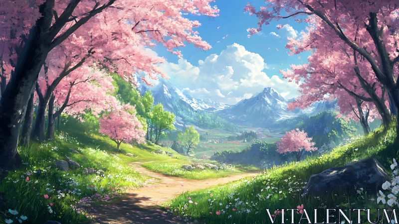 Blossom road to whispering mountains under cloud lanterns.