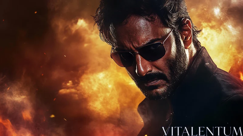 Intense man in sunglasses against blazing fire backdrop.