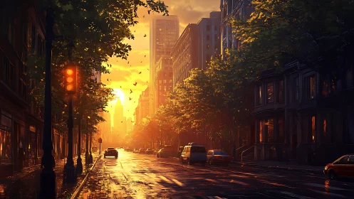 Sunlit city boulevard drifts into molten amber evening glow.
