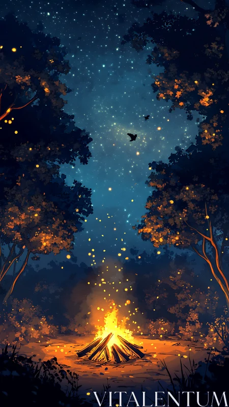 Campfire Under Starlit Forest Canopy.