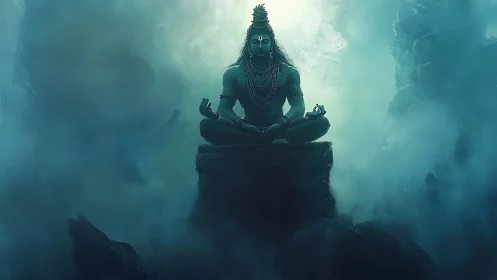 Meditating deity rises from mystical teal mountain mist.