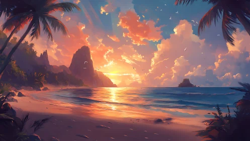 Sunlit tropical beach glows beneath a vivid painted sunset