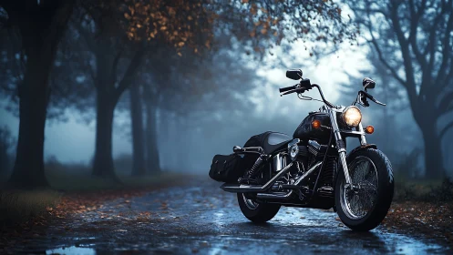 Custom cruiser motorcycle on misty forest road at dusk.
