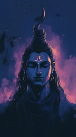 Divine blue-hued deity portrait rendered in neon rim light