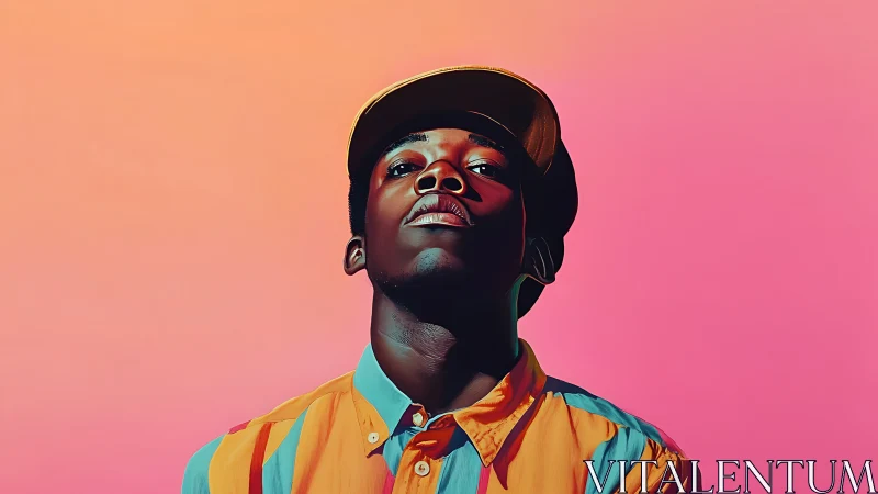 Stylized portrait in bold colors against gradient sky.