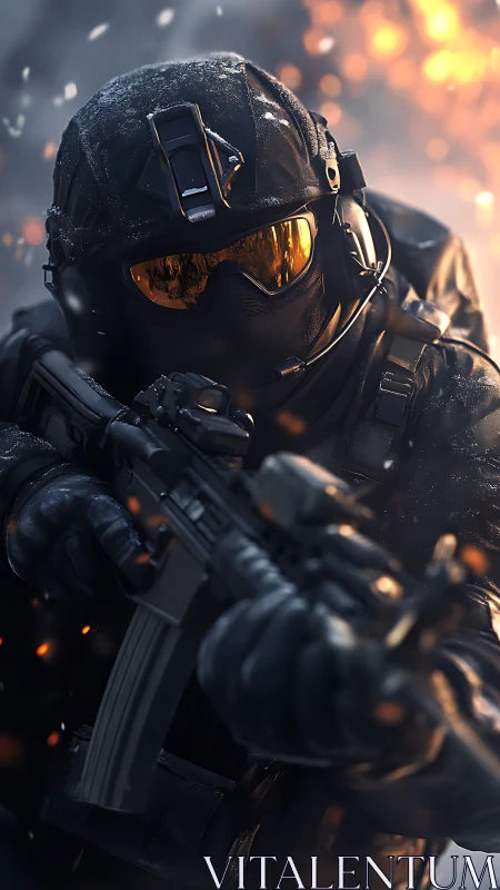 Armed tactical soldier in winter combat with rifle raised.