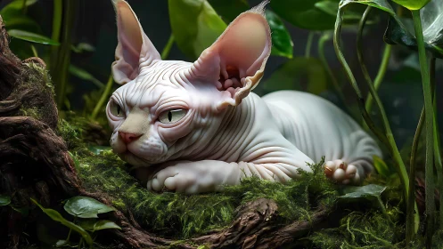 Hairless Sphynx Cat Sculpture Resting on Moss-Covered Branch