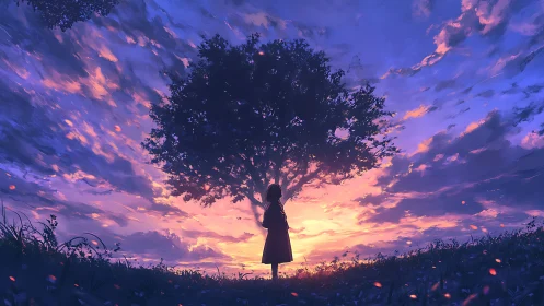 Silhouette stands under solitary tree against gradient sky
