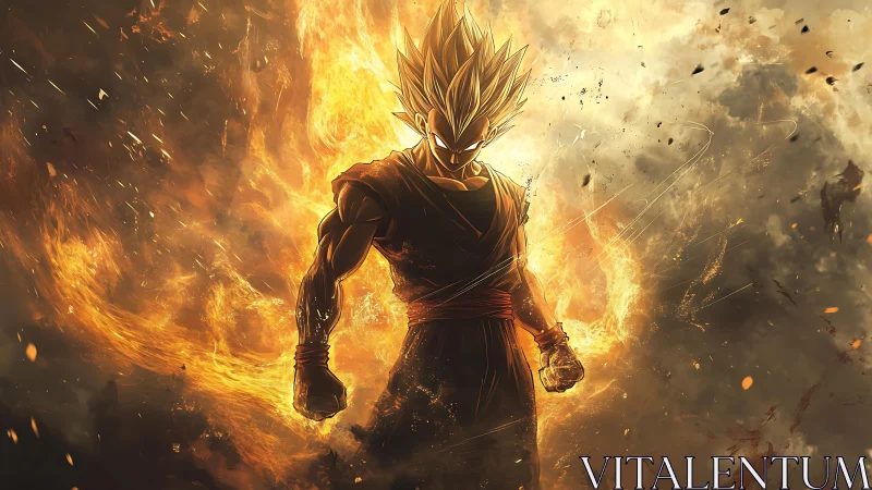 Fiery anime warrior rising from swirling golden storm.