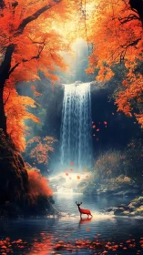 Crimson stag below luminous waterfall amid blazing autumn forest.